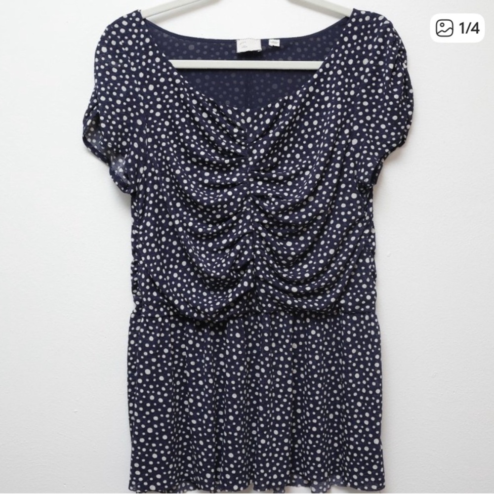 Anthropologie Navy Polka Dot Peplum Top